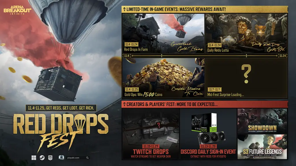 Arena Breakout Infinite Red Drops Fest airdrop container with gold coins and red smoke